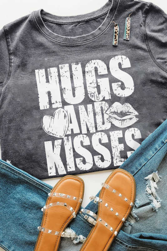 Gray HUGS AND KISSES Valentines Graphic Print Tee LC25219491-11