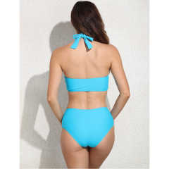 Light Blue Solid Front Twist Halter Bikini Swimsuit TQK610321-30