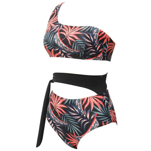 Red One Shoulder Tie Waist Bikini Swimwear TQK610297-3