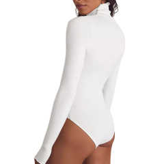 White Ribbed High Collar Long Sleeve Bodysuit TQV220125-1