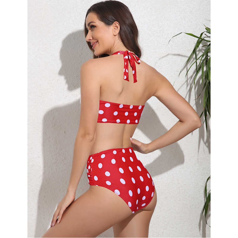 Red Polka Dot Front Twist Halter Bikini Swimsuit TQK610321-3