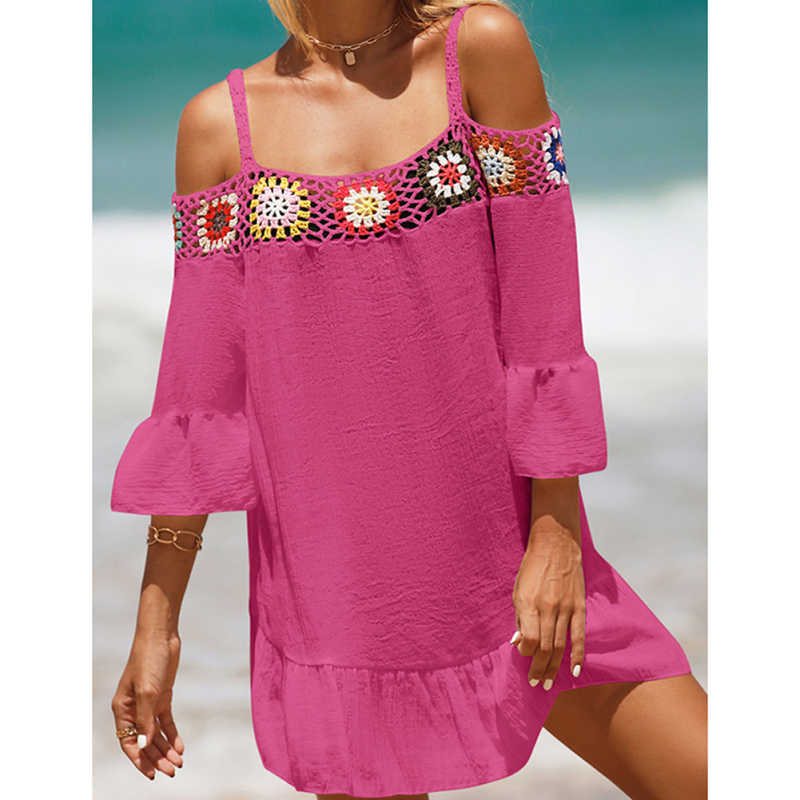 Rosy Cold Shoulder Beach Cover Ups TQK311480-6
