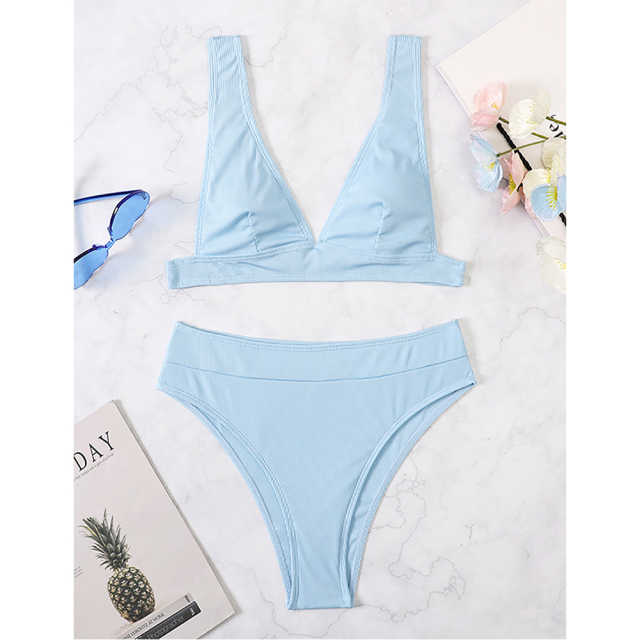 Light Blue Solid V Neckline 2 Piece Bikini Set TQK610269-30