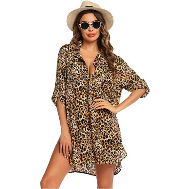 Leopard Print Shirt Style Beach Cover Dress TQK650072-20