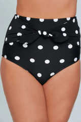 Black Polka Dot Print Front Tie High Waist Bikini Bottoms LC472107-2