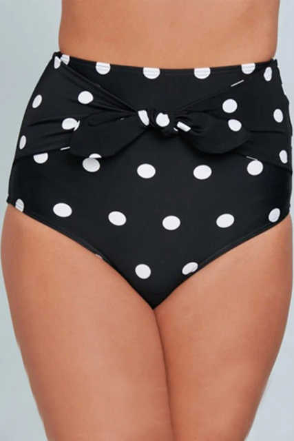 Black Polka Dot Print Front Tie High Waist Bikini Bottoms LC472107-2