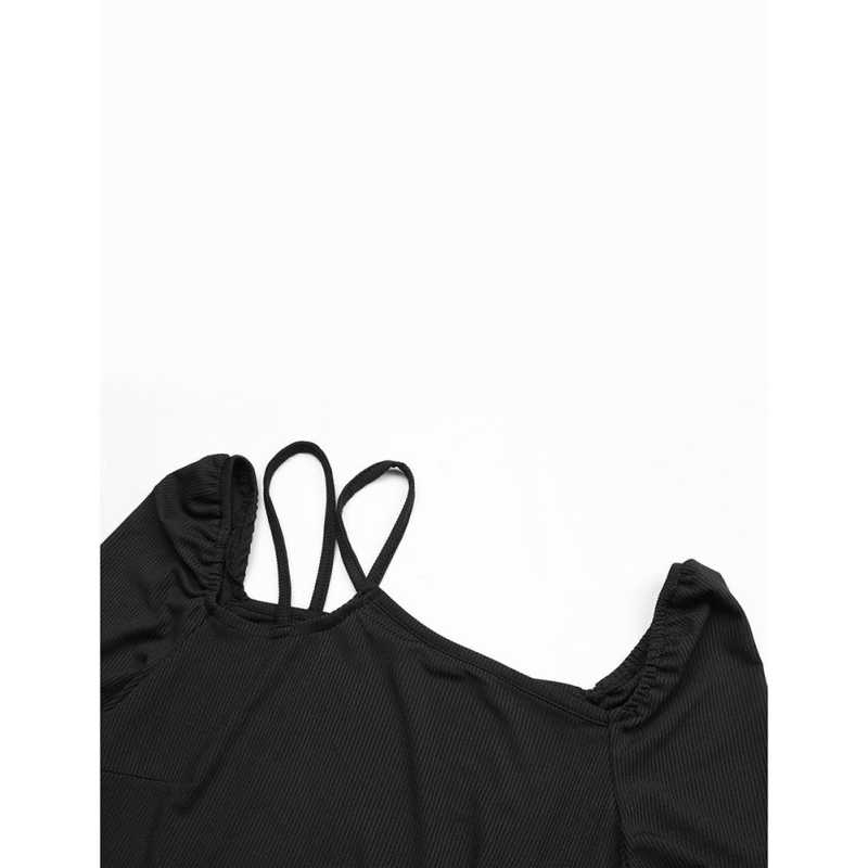 Black Rib Asymetrical Slim Fit Long Sleeve Bodysuit TQV220135-2