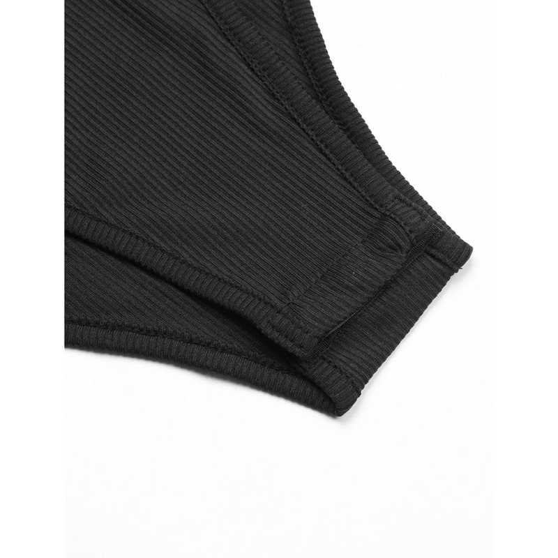 Black Rib Asymetrical Slim Fit Long Sleeve Bodysuit TQV220135-2
