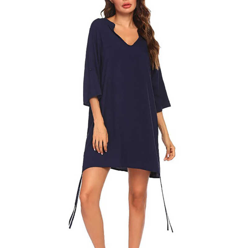 Navy Blue V Neck Drawstring Beach Cover Dress TQK650071-34