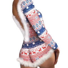 Blue Splicing Feathers Back V Neck Christmas Bodysuit TQX551109-5