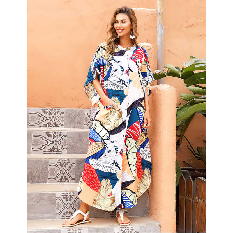 Leaf Button-down Holiday Beach Kimono Dress with Pocket TQK650094-18