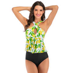 Light Green Floral Print Cross Ruffled  Tankini Set TQK610148-28