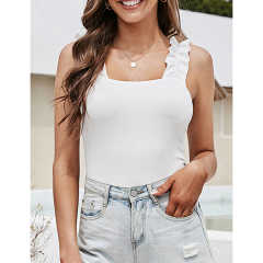 White Rib Ruffled Sleeveless Square Neck Bodysuit TQX551129-1