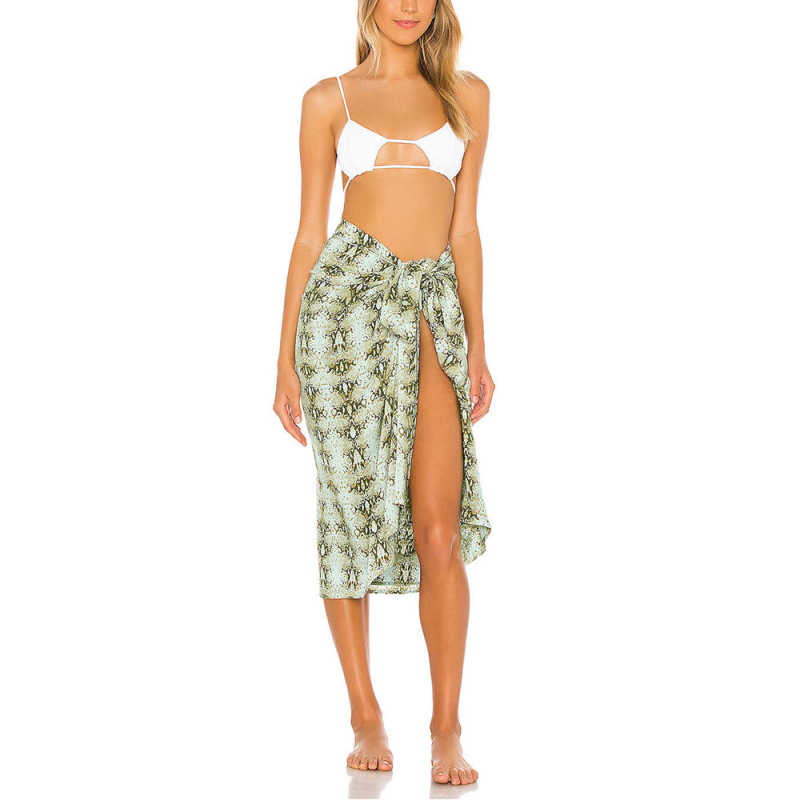 Khaki Snake Print Chiffon Beach Wrap Skirt TQK650083-21