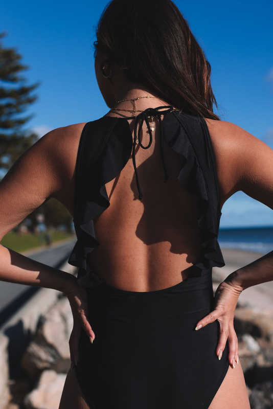 Black Lace-up Ruffled Open Back One-piece Swimwear LC443499-2