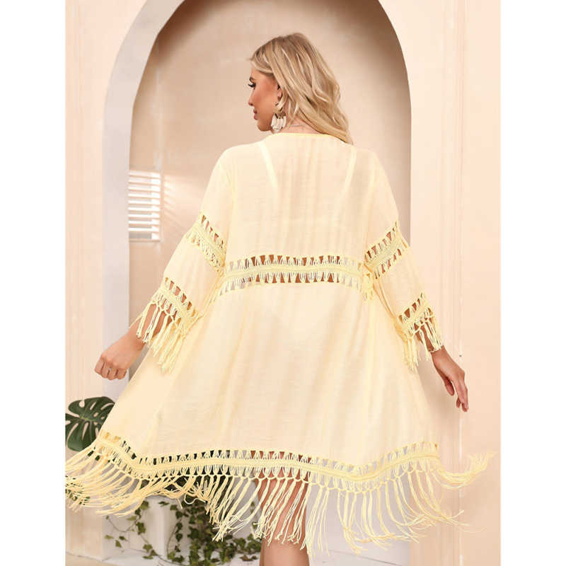 Yellow Solid Crochet Splice Tassel Kimono Beach Cover TQK650118-7