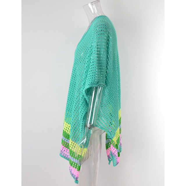 Blue Hollw-out Colorblock Hem V Neck Beach Cover TQX650055-5