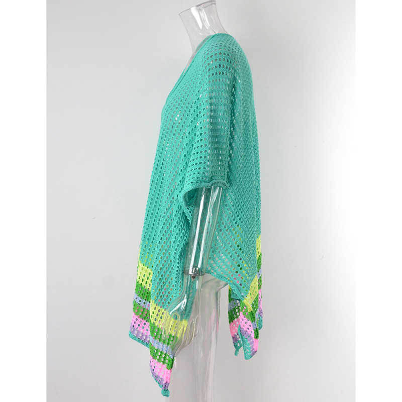 Blue Hollw-out Colorblock Hem V Neck Beach Cover TQX650055-5