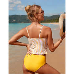 Yellow Striped Open Back Tankini Swimsuit TQK610317-7