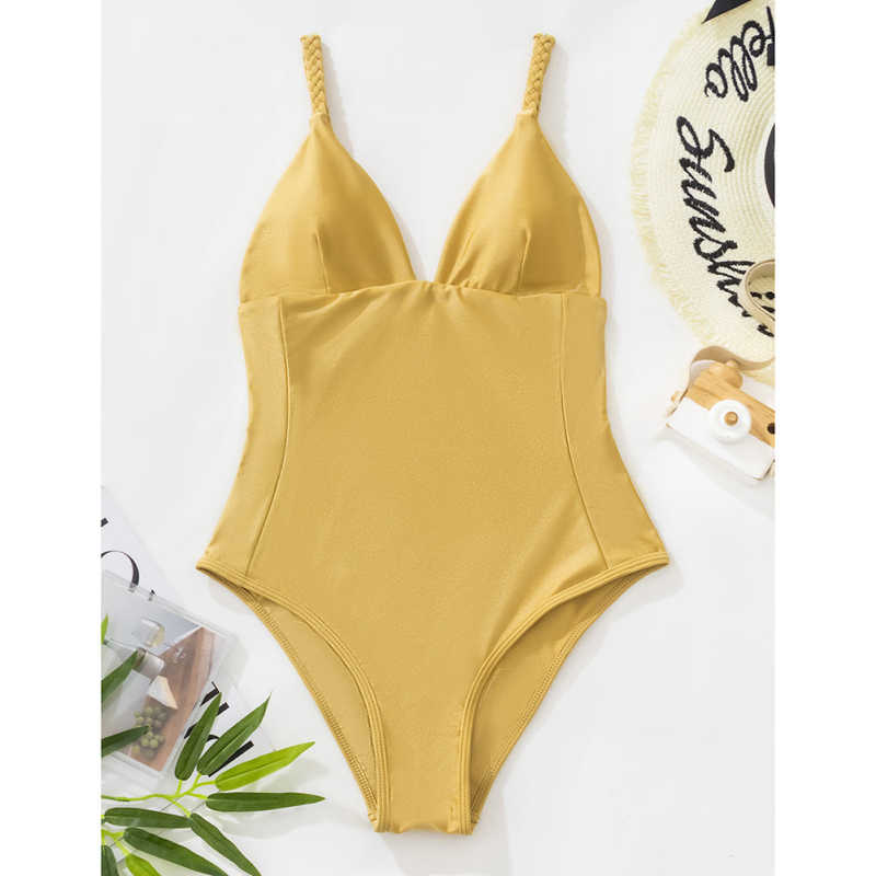 Yellow Braided Rope One Piece Swimsuit TQK620150-7