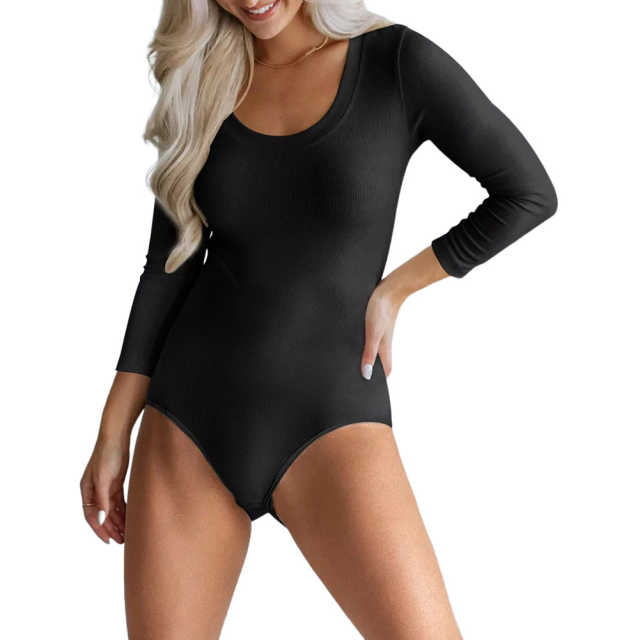Black U Neck Ribbed Long Sleeve Bodysuit TQV220126-2