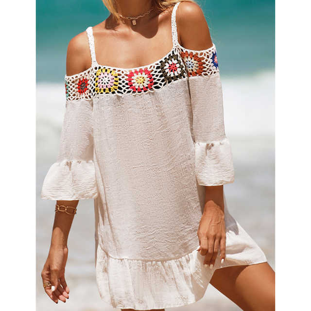 White Cold Shoulder Beach Cover Ups TQK311480-1