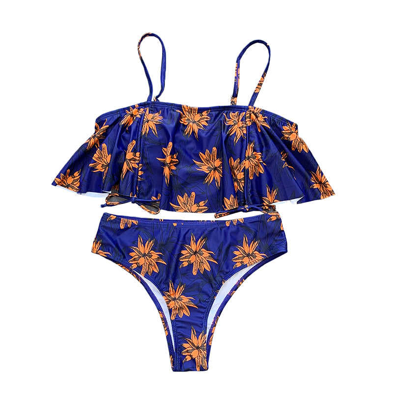 Blue Floral Print Two-Piece Bikini Set TQK610155-5