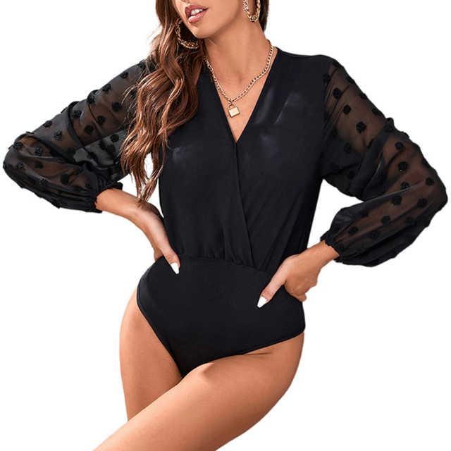 Black V Neck Splicing Swiss Dot Mesh Long Sleeve Bodysuit TQV220115-2