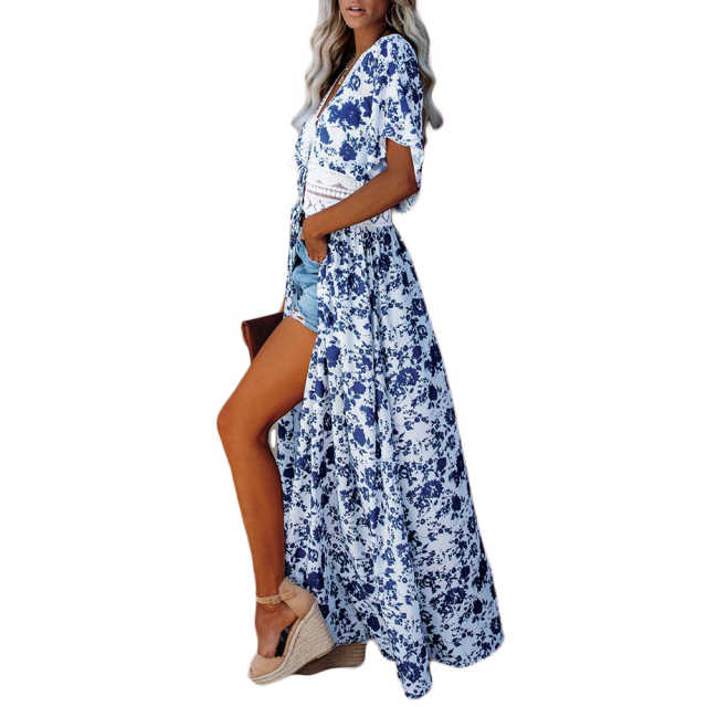 Blue Chiffon & Lack Long Kimono Beach Cover TQK650081-5