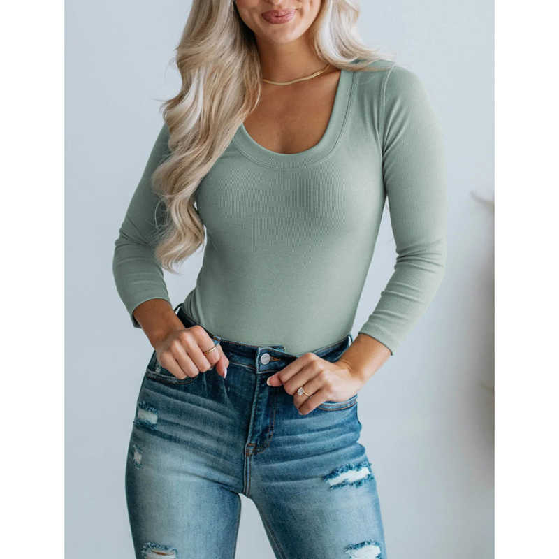 Greyish Green U Neck Ribbed Long Sleeve Bodysuit TQV220126-50