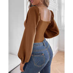 Khaki Twisted Rib V Neck Long Sleeve Bodysuit TQV220138-21