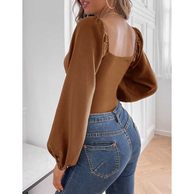 Khaki Twisted Rib V Neck Long Sleeve Bodysuit TQV220138-21
