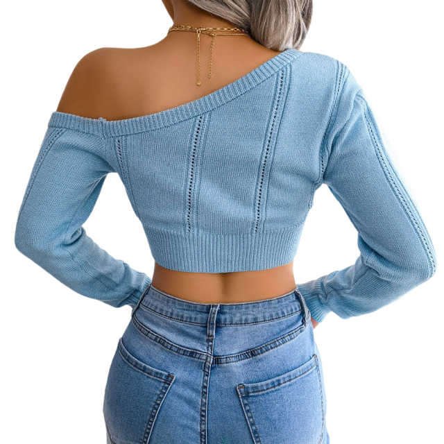 Blue Spliced Hollow-out One-shoulder Crop Sweater TQG270003-5