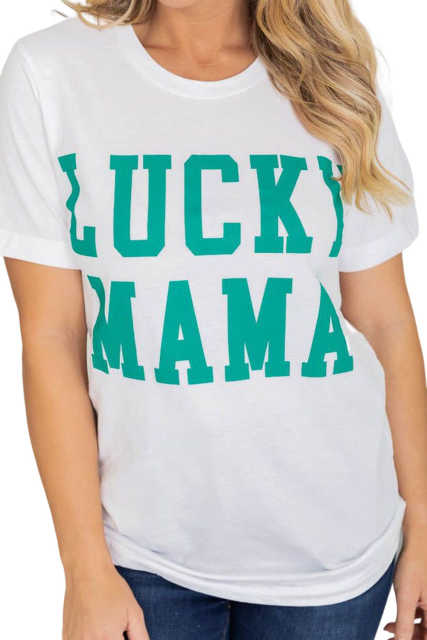 White LUCKY MAMA Letters Print Tee LC25219698-1