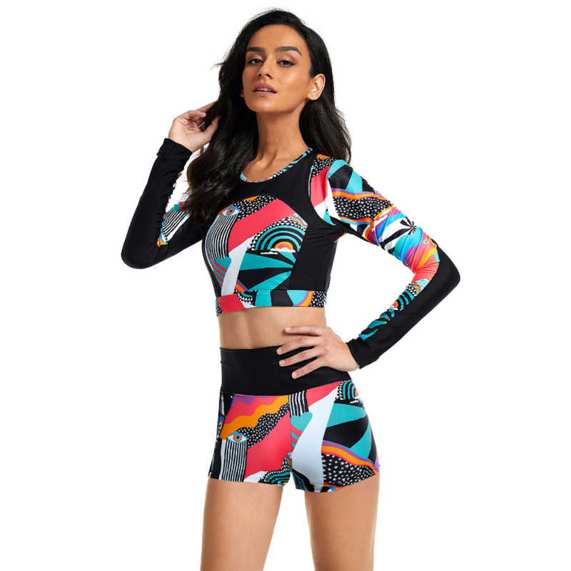 Red Printed Surfing Long Sleeve 2pcs Swimsuit TQK610244-3
