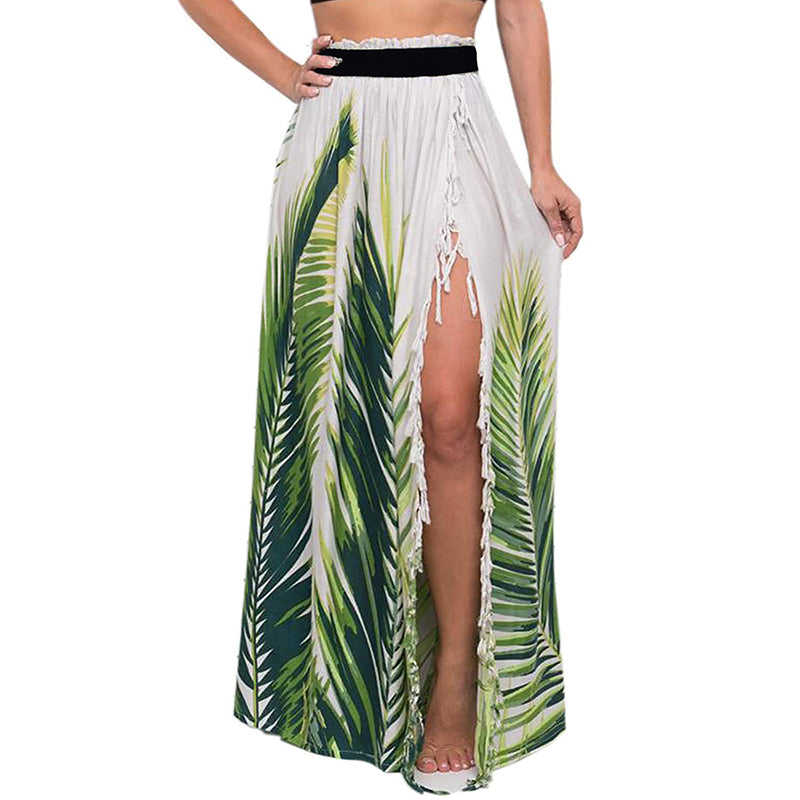 Green Leaf Print Tassel Split Beach Skirt TQS360010-9