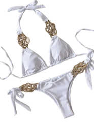 White Knit Handmade Halter 2pcs Bikini Swimsuit TQK610327-1