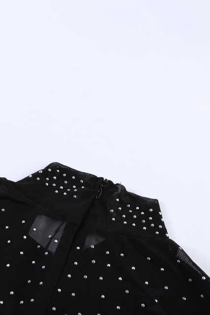 Black Mesh Silver Studded Mock Neck Bodysuit LC32211-2
