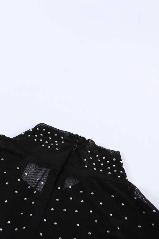 Black Mesh Silver Studded Mock Neck Bodysuit LC32211-2