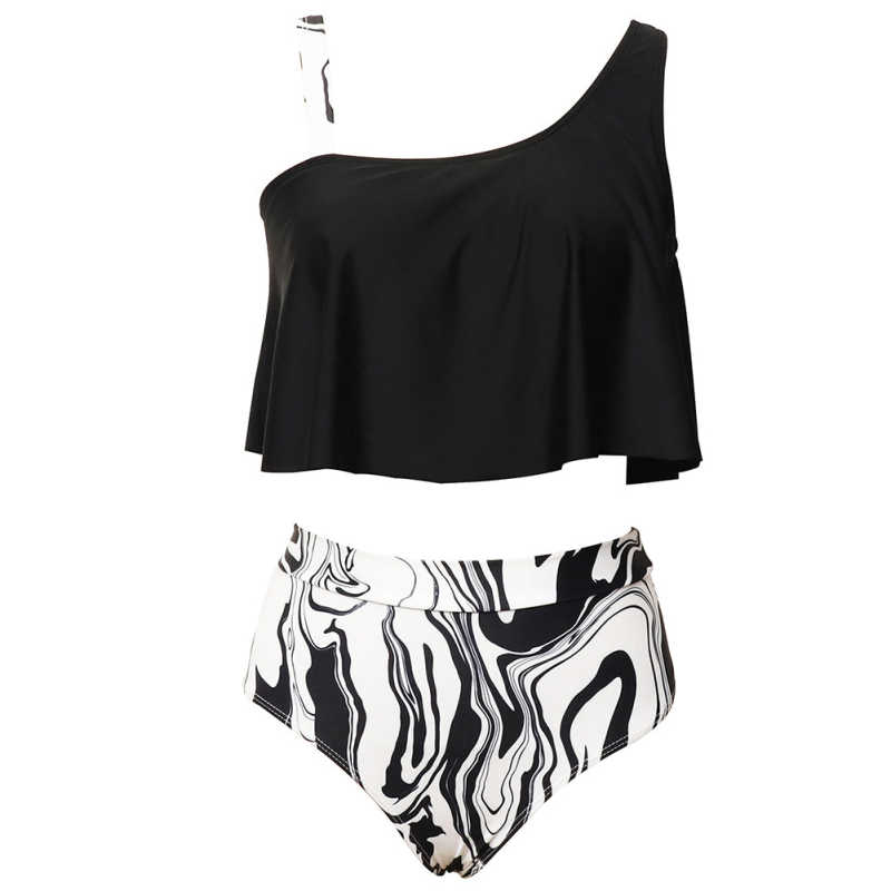 Black Ruffle Printed Bottom Tankini Swimwear Set TQK610298-2
