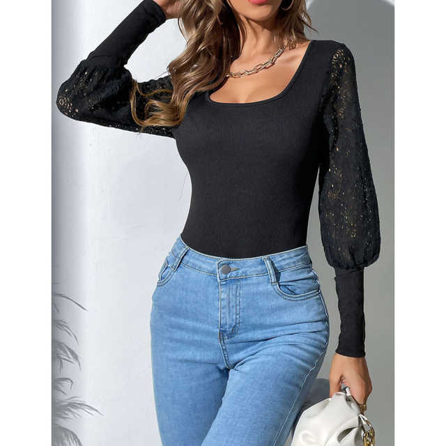 Black Spliced Lace Long Sleeve Bodysuit TQV220114-2