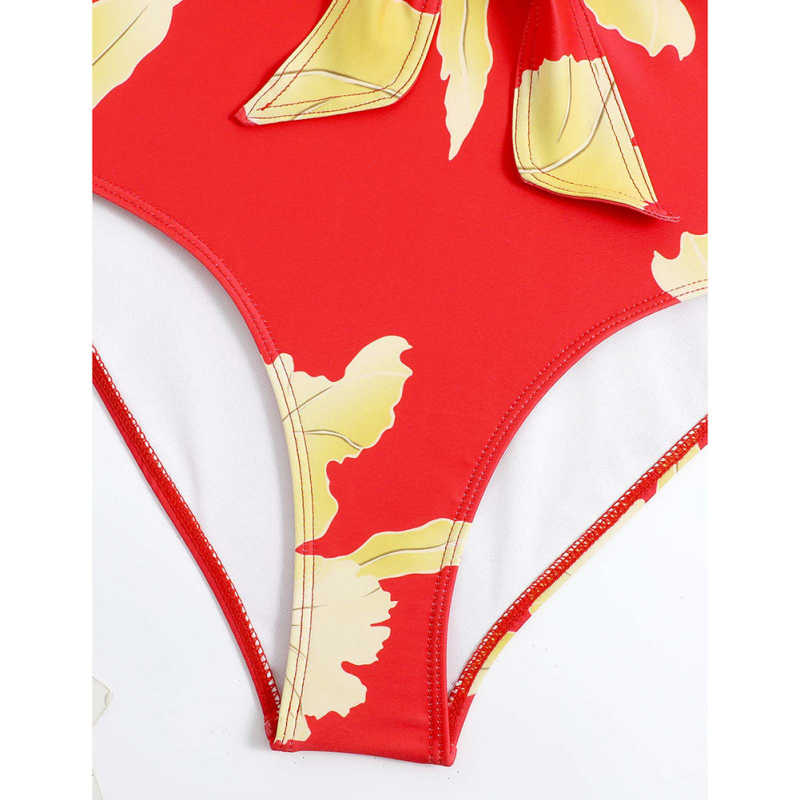 Red Retro Print Ruffle Hem One Piece Swimwear TQX620049-3