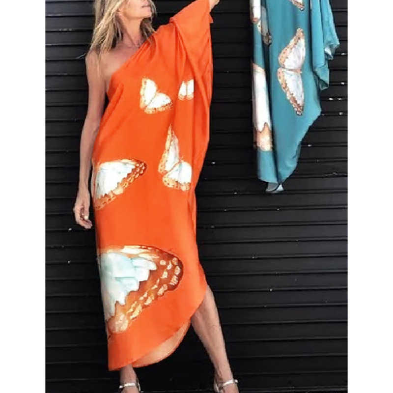 Tangerine Butterfly Print One Shoulder Irregular Beach Dress TQK650088-55