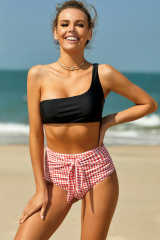 Red Plaid Print Front Tie High Waist Bikini Bottoms LC472107-3