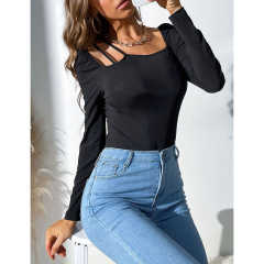 Black Rib Asymetrical Slim Fit Long Sleeve Bodysuit TQV220135-2