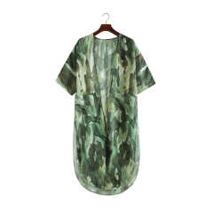 Light Green Print Chiffon Kimono Beach Cover Up TQK650082-28