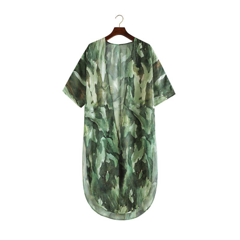 Light Green Print Chiffon Kimono Beach Cover Up TQK650082-28