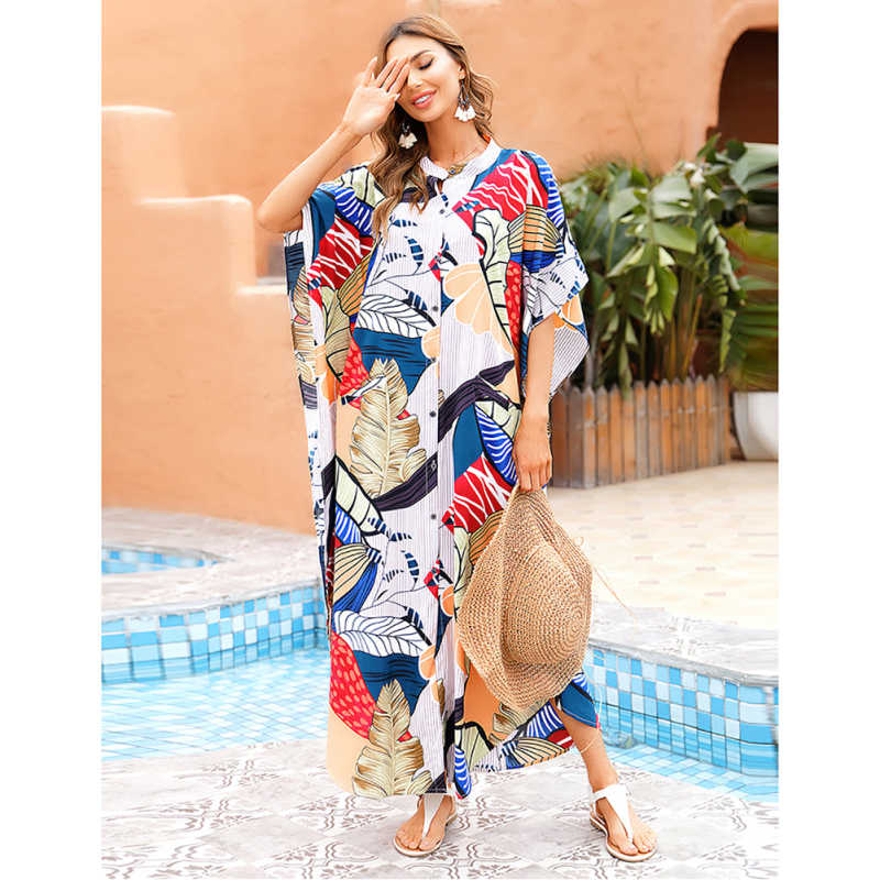 Leaf Button-down Holiday Beach Kimono Dress with Pocket TQK650094-18