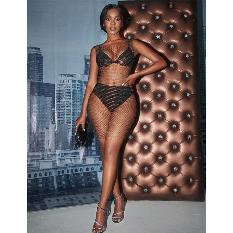 Black Rhinestone Fishnet Mesh Hollow-out Swimwear Beach Cover Dress TQK310732-2