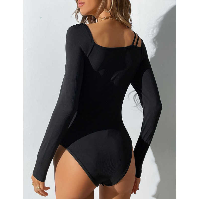 Black Rib Asymetrical Slim Fit Long Sleeve Bodysuit TQV220135-2